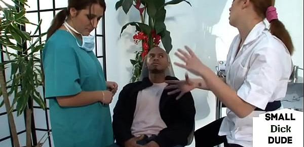  CFNM babes jerk tiny black dick at the dentist